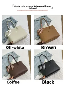 Detail of four large tote bags in white, brown, coffee and black with silk scarf handles