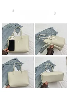 Multi-angle views of a beige lychee leather tote bag with a patterned silk scarf handle