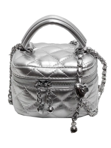 Silver quilted crossbody bag with top handle and chain strap with heart charms