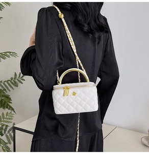 Quilted white mini vanity bag with gold chain strap and metal handle on a model