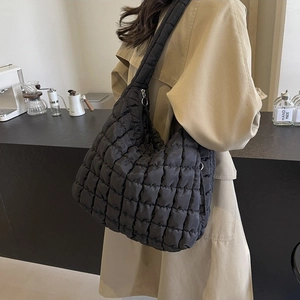Chic black quilted bubble tote bag for women with lightweight nylon and large capacity