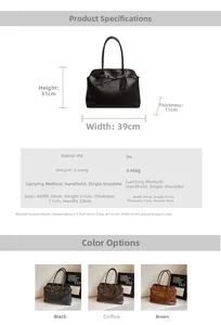 Detailed size chart for large PU leather tote bag with height, width, and depth measurements