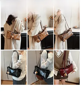 Multiple views of women's shoulder bag in deep brown, black, and burgundy with long straps