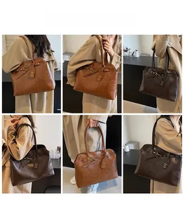 Collage of model wearing a vintage large brown tote bag with metal buckle and leather tag