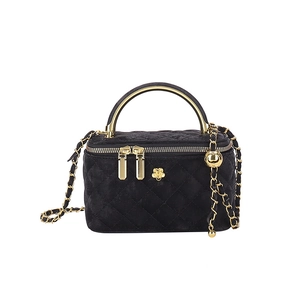 Elegant black velvet quilted vanity bag with golden chain strap and camellia metal hardware