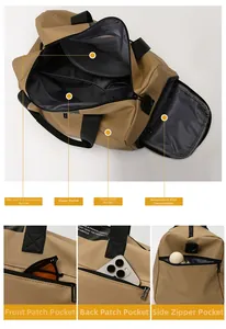 Detail view of khaki fitness bag featuring a wet-dry pocket and independent shoe compartment