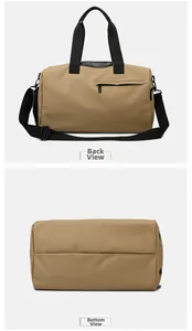 Detail view of the back pocket and flat bottom of this khaki travel fitness bag