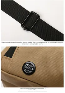 Detail of adjustable shoulder strap and ventilated shoe compartment on sports duffel bag