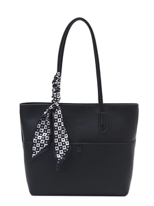 Black pebbled leather tote bag with a checkered heart silk scarf on handle, main view