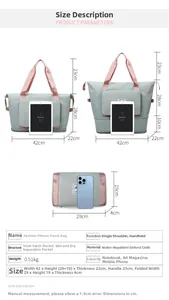 Detail view of foldable waterproof oxford travel bag showing expanded and folded size comparison