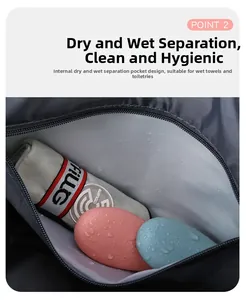 Detail of waterproof dry-wet separation pocket in oxford travel bag with water droplets