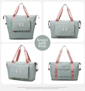 Close-up of pink and green travel bag showing luggage handle sleeve and functional details