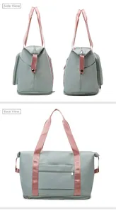 Detail view of the gray-green travel bag showing side pockets and the back zipper pocket