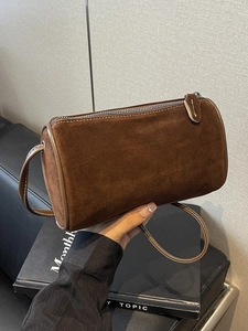 Women Retro PU Leather Barrel Shoulder Bag Minimalist Suede Texture Pillow Crossbody Bag With Contrast Stitching Casual Purse