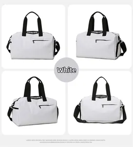 Four-angle view of large white fitness bag with wet-dry separation and waterproof fabric