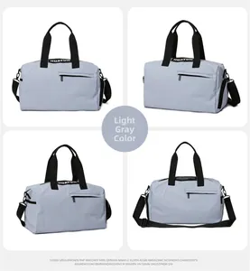Four views of light gray fitness bag showing durable fabric handles and adjustable strap