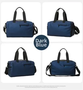 Detail view of navy blue fitness bag showing side pockets and nylon fabric texture