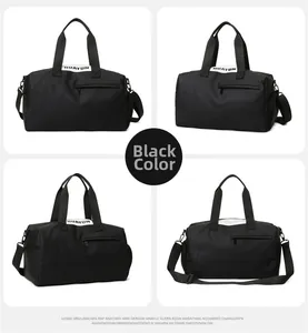 Detail showing high-quality waterproof nylon fabric and durable zippers on black duffel bag