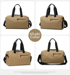 Macro views of khaki sports bag with dry-wet separation and black woven straps