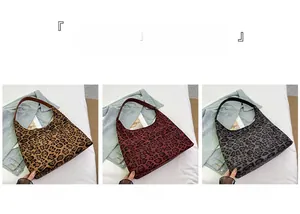 Three-color macro view of leopard print tote bags in brown, red, and grey textured fabric