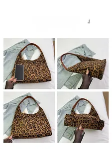 Leopard print tote bag size comparison with mobile phone and multi-angle view details