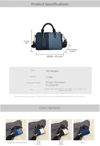 Detailed size specifications and material dimensions of the denim patchwork Boston bag