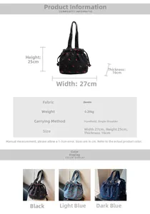 Detailed spec sheet showing denim bucket bag sizes and cherry embroidery texture