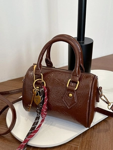 Vintage Women Crinkled PU Leather Boston Bag Stylish Top Handle Crossbody Handbag With Metal Heart Charm Shoulder Bag