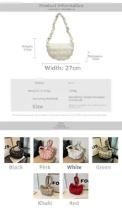 Detailed size specifications and color comparison of quilted ruffled cloud puffer bags