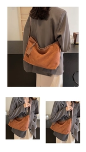 Detailed views of a brown suede hobo bag with a soft crescent shape and spacious design