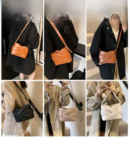 Collage of four stylish crossbody bucket bags in orange, black, beige, and white colors
