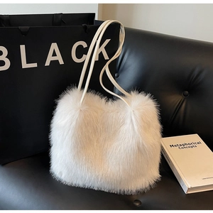 Sac à Épaule en Fausse Fourrure pour Femmes Sac Seau Peluche Doux Duveteux Sac sous l'Aisselle Mode Hiver Élégante Sac à Main