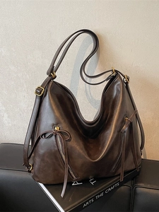 Vintage Large Capacity Women PU Leather Backpack Hobo Tote Bag With Bow Decoration Oil Wax Texture Commuter Travel Bag