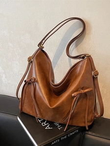 Vintage brown large capacity faux leather tote bag with stylish bow and zipper details