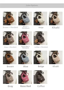 Collage of plush lamb wool bucket bags in various colors with cute bear pendants