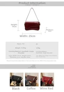 Detailed size chart and specifications for the sleek PU leather crescent shoulder handbag