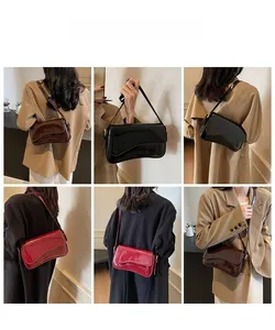 Three patent leather shoulder bags in dark brown, black, and burgundy on models