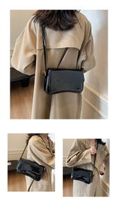 Detailed views of a black patent leather shoulder bag with a sleek flap and glossy finish