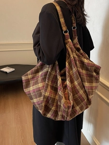 Grand sac cabas en tweed à carreaux pour femmes au style rétro avec anneaux métalliques