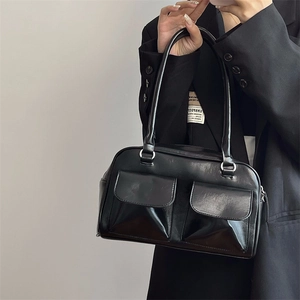 Vintage PU Leather Underarm Bag For Women Minimalist Commuter Shoulder Bag With Double Front Pockets Fashion Tote Bag