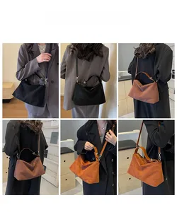 Vues multiples du sac hobo vintage en noir, marron et orange porté par un mannequin