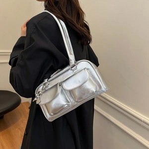 Chic silver metallic shoulder bag with heart charm for women in retro college style