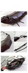 Detailed view of dark brown patent leather handbag showing silver hardware and knotted strap