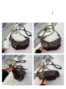 Detailed views of dark brown patent leather croissant bag from four different angles
