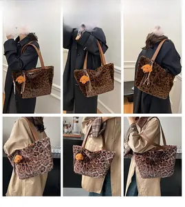 Multiple views of leopard print faux fur tote bag with leather handles and bag charm