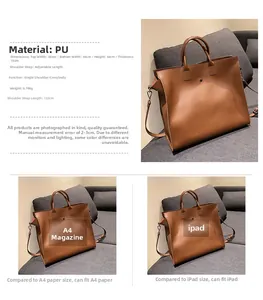 Dimensioni dettagliate della grande borsa tote in PU marrone con spazio per A4 e iPad