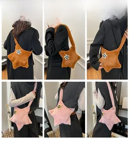 Detailed views of plush star-shaped crossbody bags in brown and pink colors