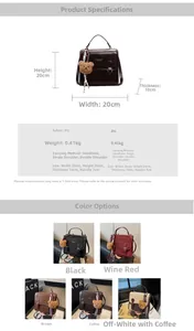 Detailed spec sheet showing the PU leather bag size 20x20x10cm with five color options