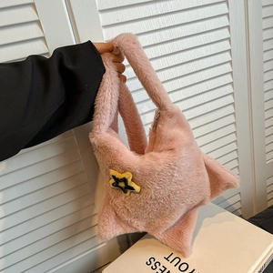 Pink plush star-shaped handbag with soft faux fur and crossbody strap for women
