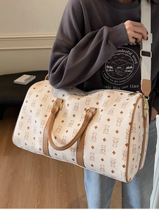 Large Capacity Women Travel Bag PU Leather Cartoon Bear Monogram Print Duffle Bag Crossbody Handbag With Wide Strap